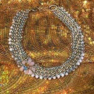 Source Unknown Gold and Pink Choker Necklace with Blue Contrast & Floral Accent